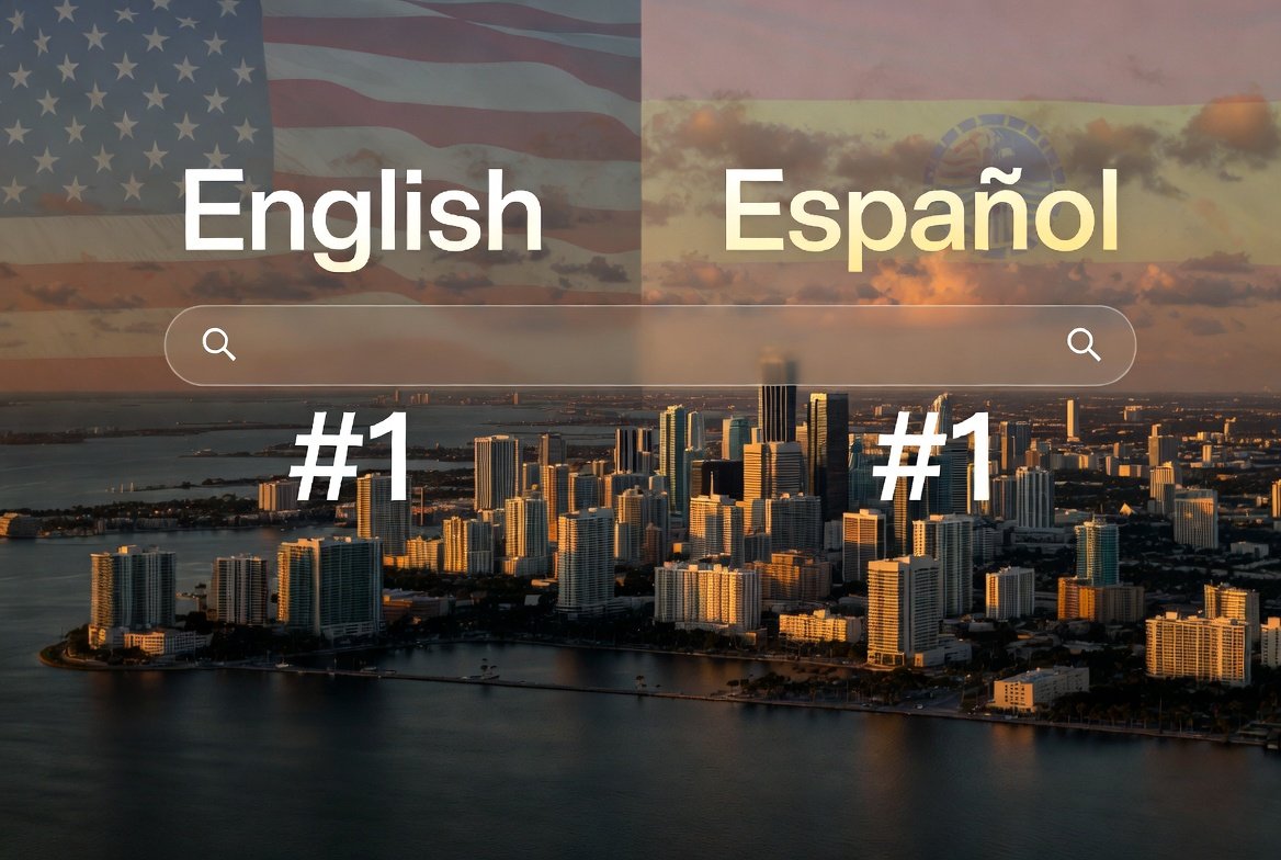 Bilingual SEO Miami 2026 — Split-screen aerial view of Miami's Brickell skyline showing English and Spanish Google search rankings side by side, representing GetMiamiSEO's bilingual SEO strategy for Miami businesses